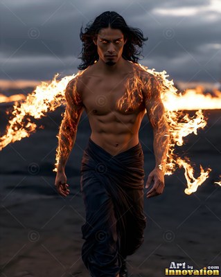 A shirtless man walks forward with bright orange flames running down his arms