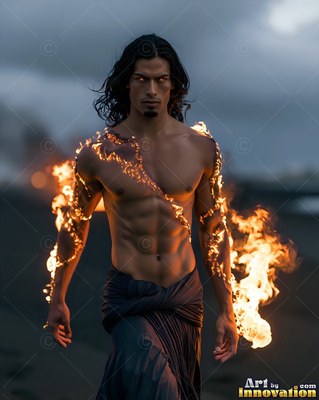 Walking forward on a dark beach, a man without a shirt has fire across his chest
