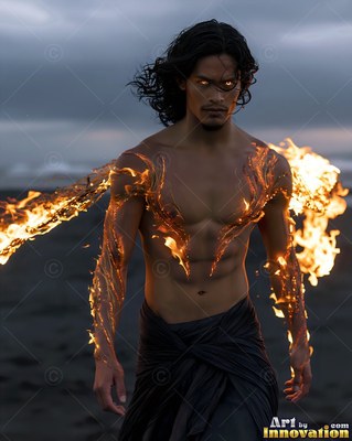 A bare-chested man is standing on a dark beach with bright fire spreading across his chest and arms
