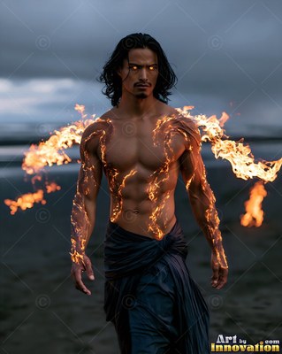 On a dim beach, a shirtless man walks with fire spreading along his arms