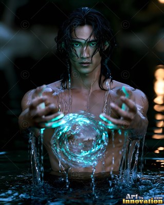 Standing in dark water, a man without a shirt holds a swirling ball of blue light