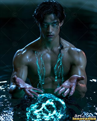 A shirtless man in dark water holds bright blue magical light