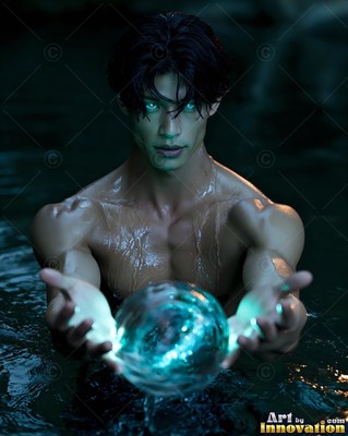 Wet black hair hangs over a bare-chested man standing in dark water holding a bright blue orb