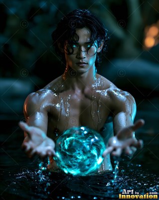 A bare-chested man holds out a bright cyan water orb with dark ripples around him