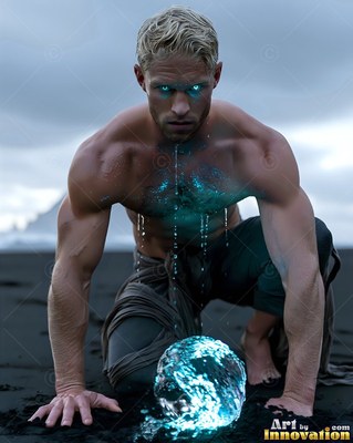 Kneeling on a dark beach, a shirtless man summons a bright blue water sphere