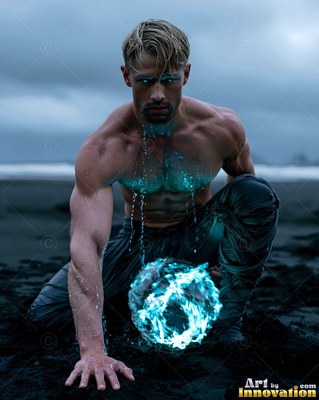 A shirtless man kneels on a dark beach with a bright blue ball of light