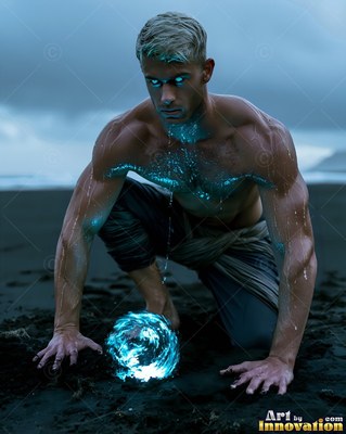 On a dark beach, a bare-chested man crouches over a swirling blue water sphere