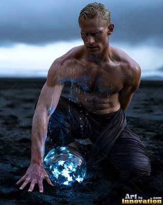 Kneeling on dark sand, a man without a shirt touches a bright blue sphere of light