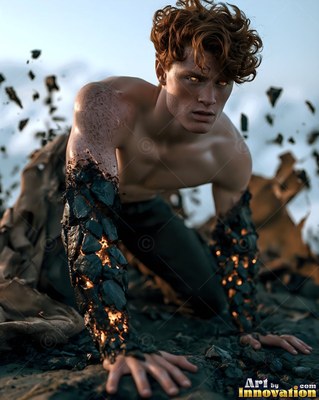 A man without a shirt on all fours with rocky arms over dark ground