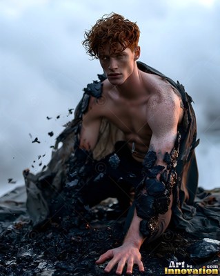Curly red hair tops a bare-chested man kneeling in black rock under a misty sky