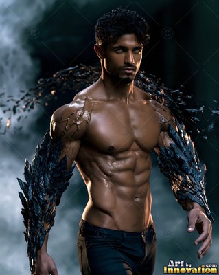 Turned slightly in a smoky room, a shirtless man walks with black stone arms