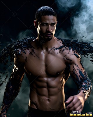 A bare-chested man walks forward as dark stone crusts over his arms in smoke