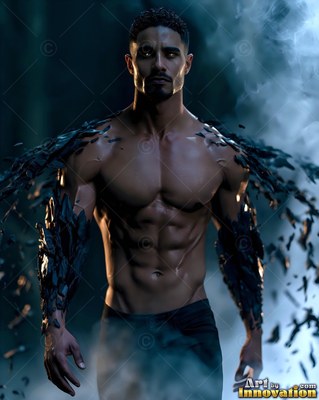 In dark smoke, a muscular shirtless man is standing with black shards on his arms