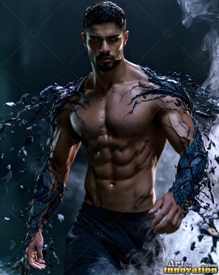 Walking forward, a muscular man without a shirt has dark stone crusting over his arms and shoulders