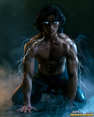 Bare-chested man kneeling on dark ground with lightning on his shoulders