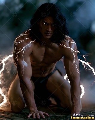 White lightning streaks across the bare arms of a kneeling man in the dark