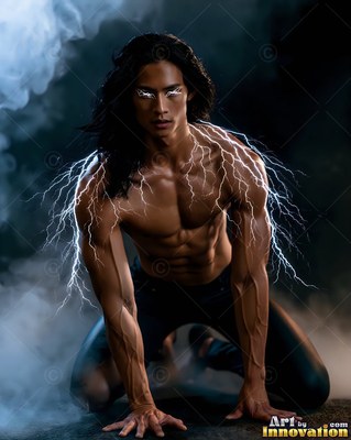 A shirtless man kneels forward with white lightning crackling over his bare shoulders
