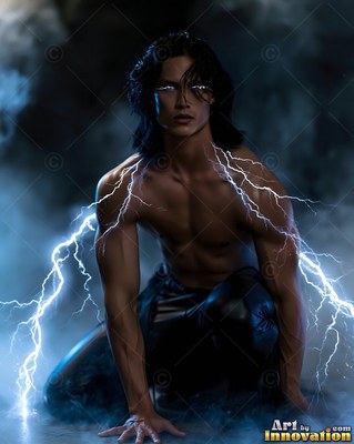 Kneeling in dark fog, a shirtless man channels blue lightning from his shoulders