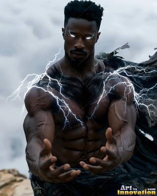 A muscular Black man reaches out with white lightning crackling on his chest