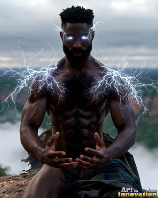 On a misty cliff, a shirtless man summons white lightning around his shoulders