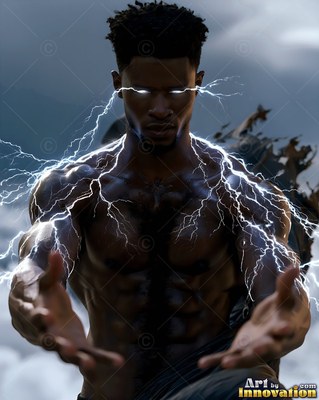 Reaching forward, a bare-chested man channels bright blue lightning from his eyes and arms