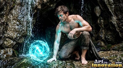 A bare-chested man kneeling on rocks beside a swirling blue light