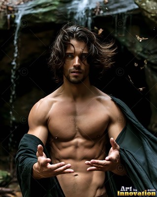 A dark robe slips off the shoulders of a shirtless man standing near a cave waterfall