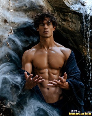 A shirtless man holds out his open hands as pale smoke swirls around him in the cave light