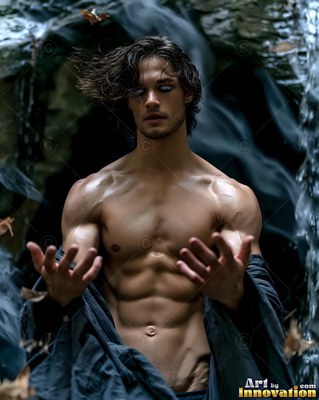 Facing forward by a dark waterfall, a shirtless man holds up both hands