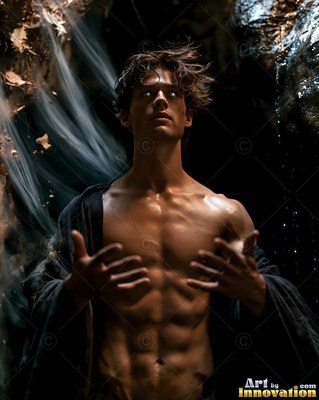 A shirtless young man looks up with white eyes under a dark cave waterfall
