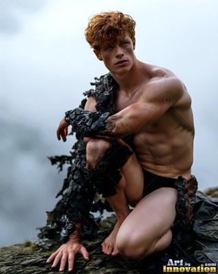 On misty rocks, a red-haired man kneels wrapped in dark charred bark