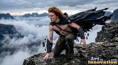 Crouching on a high rocky cliff, a red-haired man wears a tattered black cape above the clouds