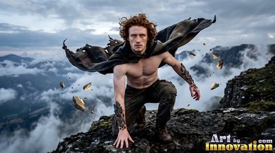 A man without a shirt kneeling on a rocky peak with floating stones