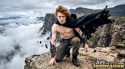 With shaggy red hair, a shirtless man kneels on a rocky cliff edge above the clouds