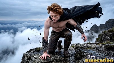 A shirtless man kneels on a cliff in a black cape beneath dull gray skies