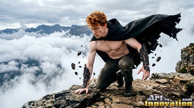 Crouching on a rocky mountain ledge, a man without a shirt commands floating stones