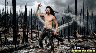 A shirtless man with long dark hair spins pale smoke in a burned black forest