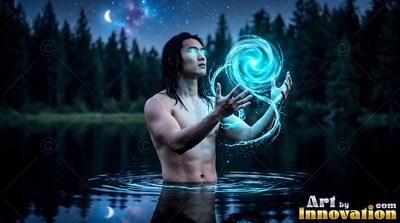 In a dark lake, a bare-chested man lifts a swirling sphere of blue water between his hands
