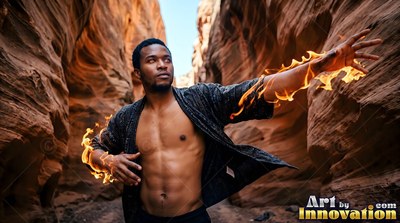 Casting fire from his arm, a shirtless man is standing in a narrow sandstone canyon