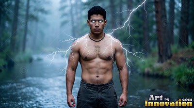 Bare-chested man with lightning on his shoulders standing by a river