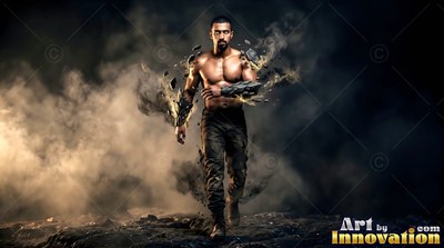 Bare-chested man walks forward in smoke, floating rocks surrounding his arms on dark ground