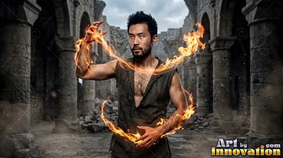 Facing forward in stone ruins, a bearded man shapes orange fire with his hands