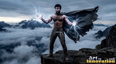 A shirtless man in a torn cape holds bright lightning above cloudy mountains