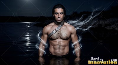 Standing in dark water at night, a man without a shirt is flanked by curls of white smoke