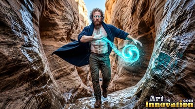 A bearded man summons swirling blue light in a sandstone canyon
