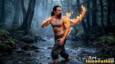 Bare-chested man with burning arms wades through a forest stream in misty light