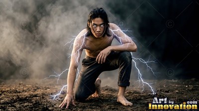 A shirtless man crouches on dark soil with pale lightning crackling around him