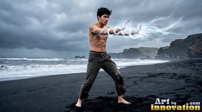 A bare-chested man casts white smoke magic from his hands on a black sand beach