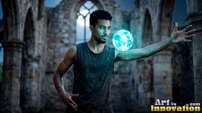 In stone ruins, a man summons a bright blue energy orb between his hands