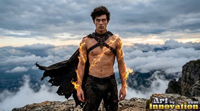 Standing on a mountain peak, a shirtless man channels yellow lightning around his arms